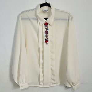 Vintage Koret Women’s Cream Embroidered Flowers Button Down Blouse Shirt Size 12